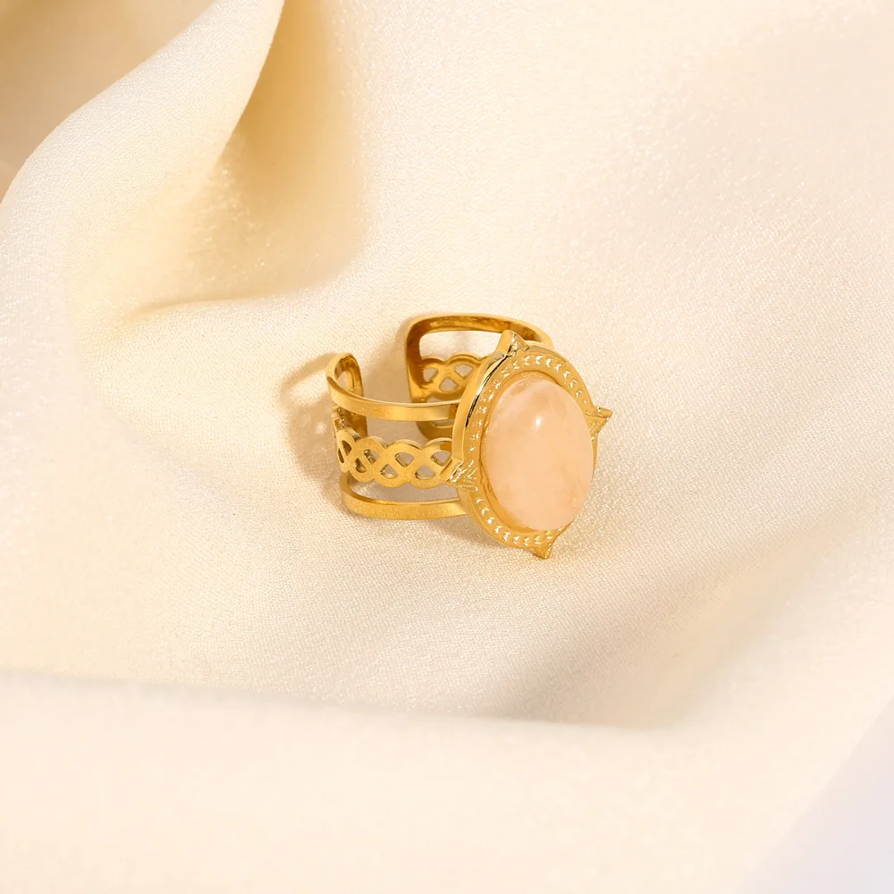 Waterproof Pvd Gold Plated Stainless Steel Natural Stone Hollow Three Layers Adjustable Ring anillos de acero inoxida