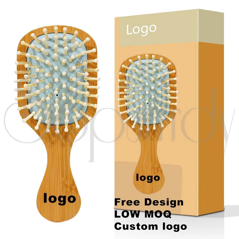Custom Logo Natural Bamboo Hair Brush Detangling Wooden Comb Cushion Brush Bamboo Bristle For Women Men Kids Types Styling