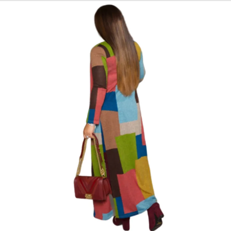 
Ladies Long Coats Loose Trench Coat Casual Color Patchwork Full Sleeve Fashion Knitted Cardigan For Women 3XL 