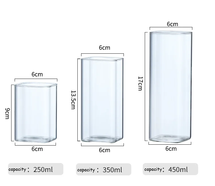  wholesale 250ml 350ml 450ml square Borosilicate glass water cup transparent drinking mug straight for juice milk tea coffee