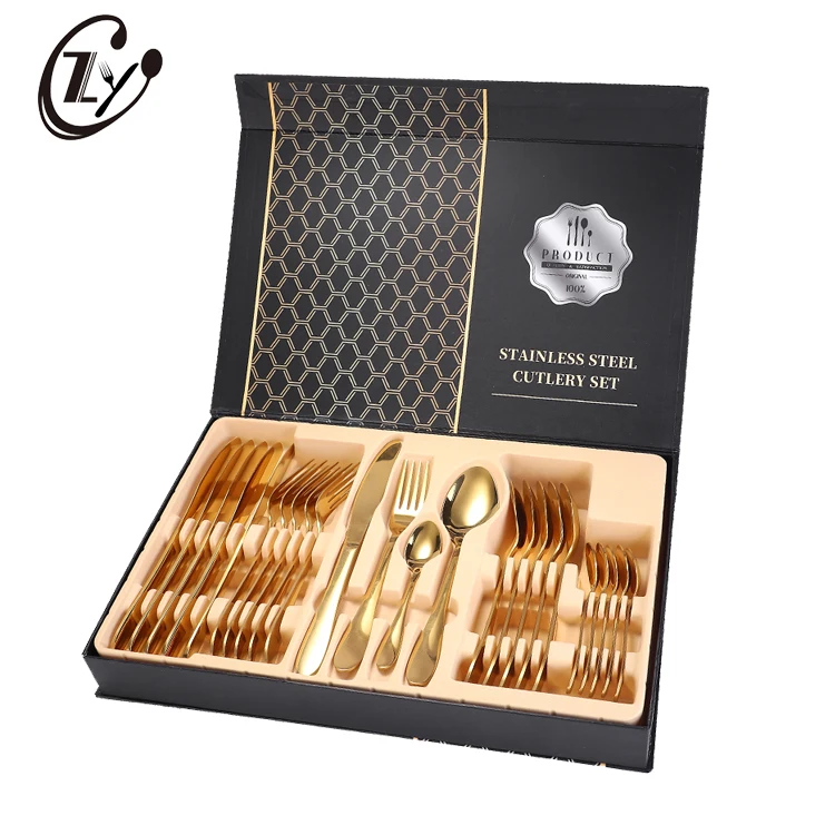 
Reusable Fork Knife Spoon Gold Plated Flatware Stainless Steel Cutlery 24pcs Set With Box 