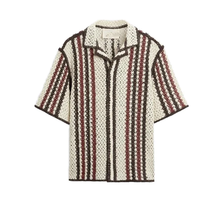 Custom design logo summer knit top mesh fashion casual hollow out short sleeve knitted  men crochet shirt