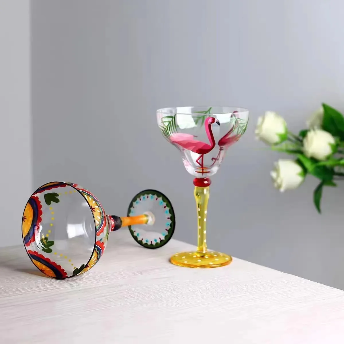 Hot sale creative painted margarita crystal glass tall triangle glass cocktail champagne flutes