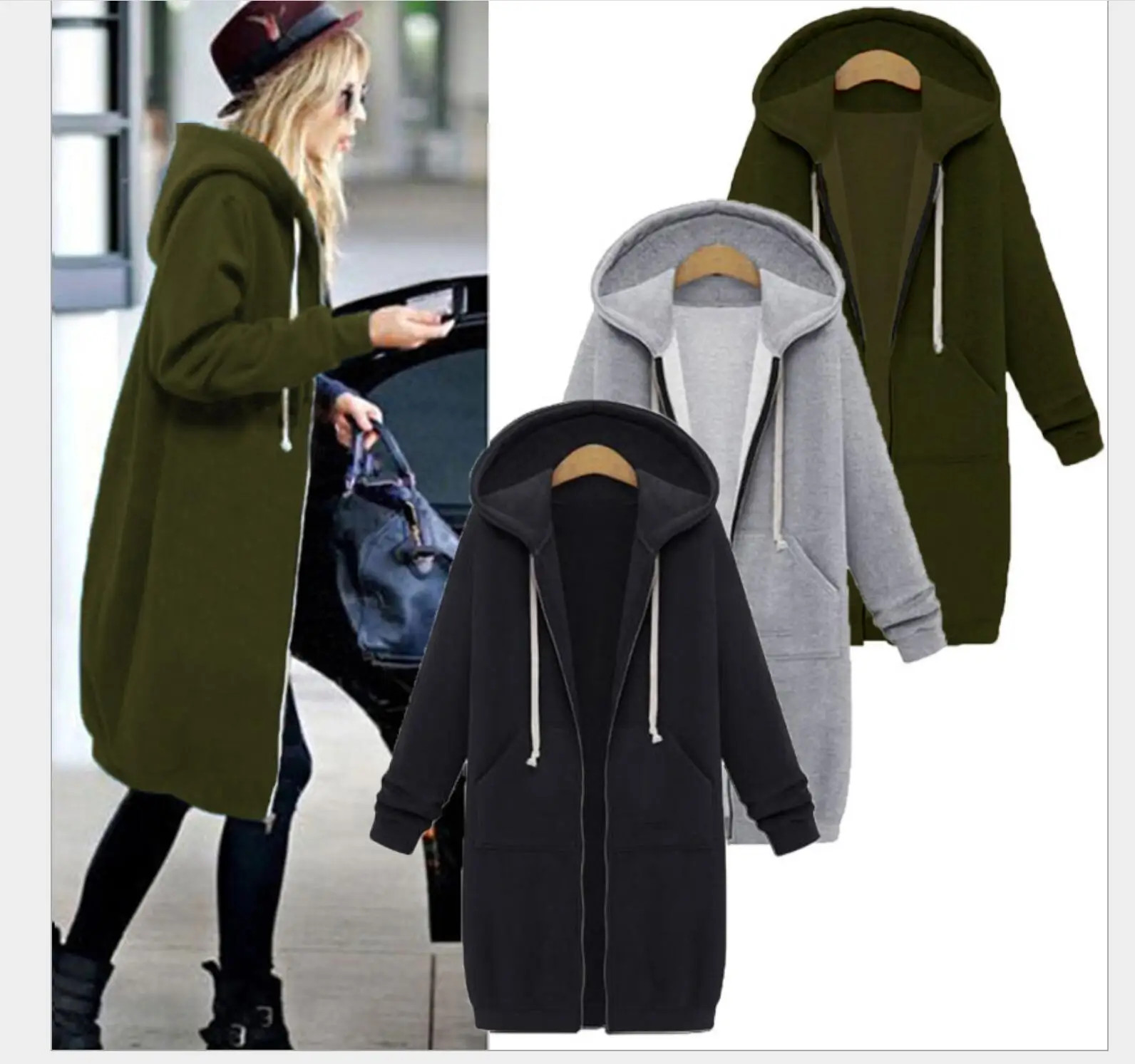 Осенняя поли дешевая Женская толстовка Свитшот хлопковый пуловер Простой Длинный рукав до колена Женская толстовка свитшот на молнии