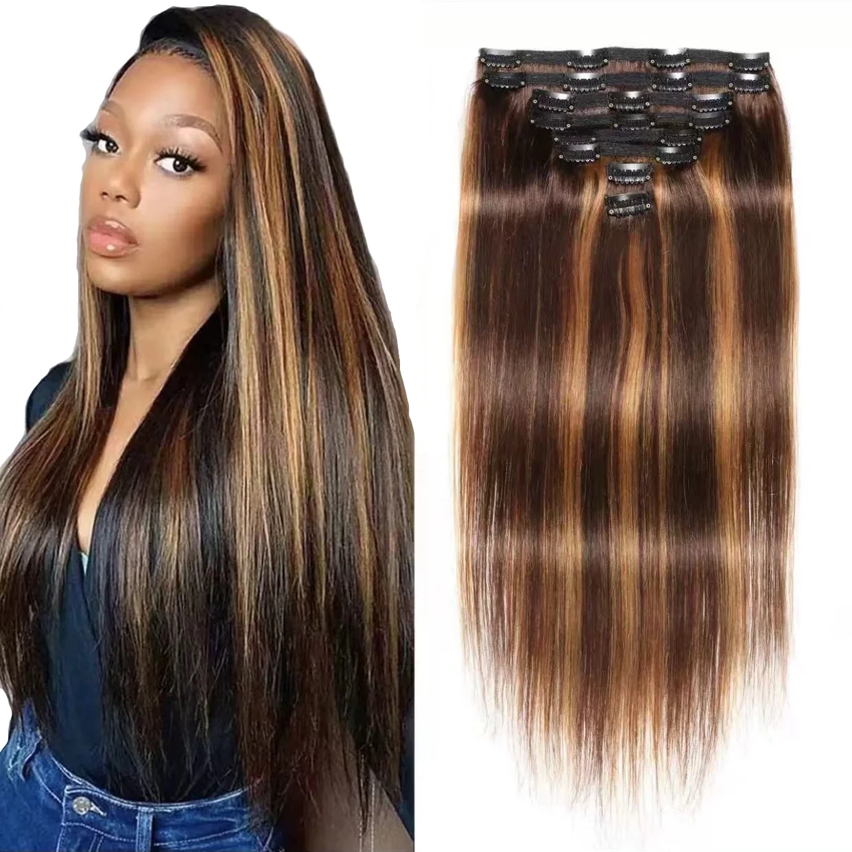 Silk straight Virgin cuticle aligned popular honey brown piano color p4 27 human seamless clip in hair extensions