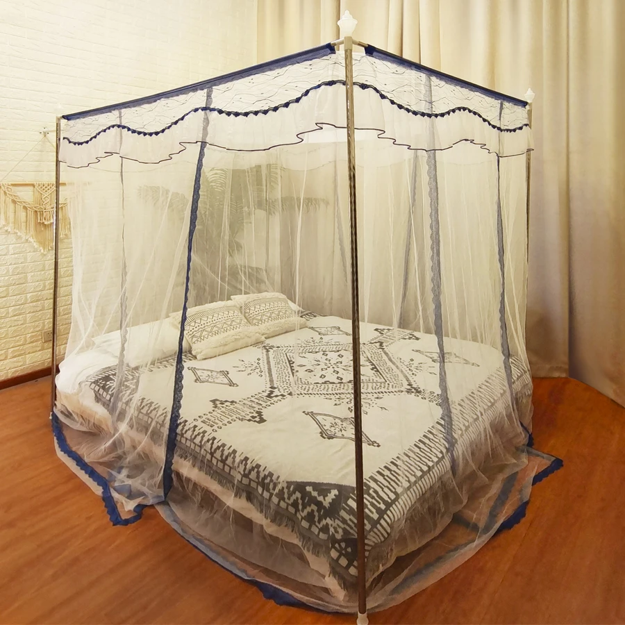 Blue Classic Double Rectangular Tent Mosquito Net with Metal Stands Foldable for Outdoor Camping Travel Home Door Use King Size