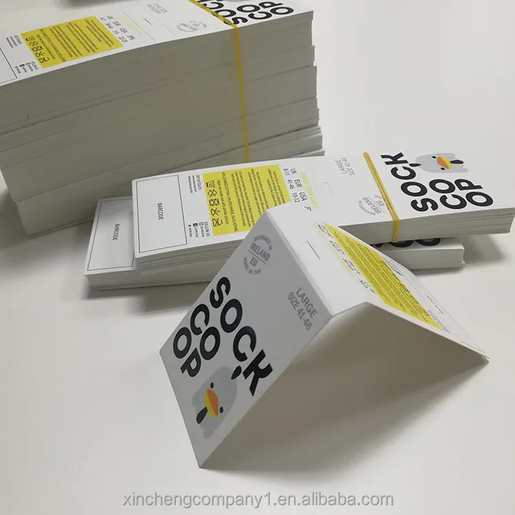 Custom design folded Paper hang tag sock tag with hanger custom sock packaging card sock wrap label cardboard tag