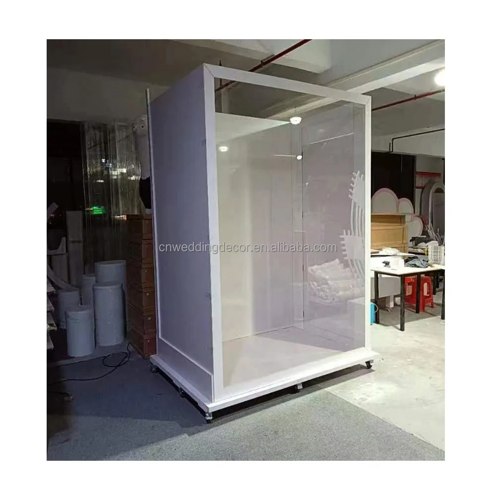Happy wedding guest photo booth  white acrylic box for background for wedding
