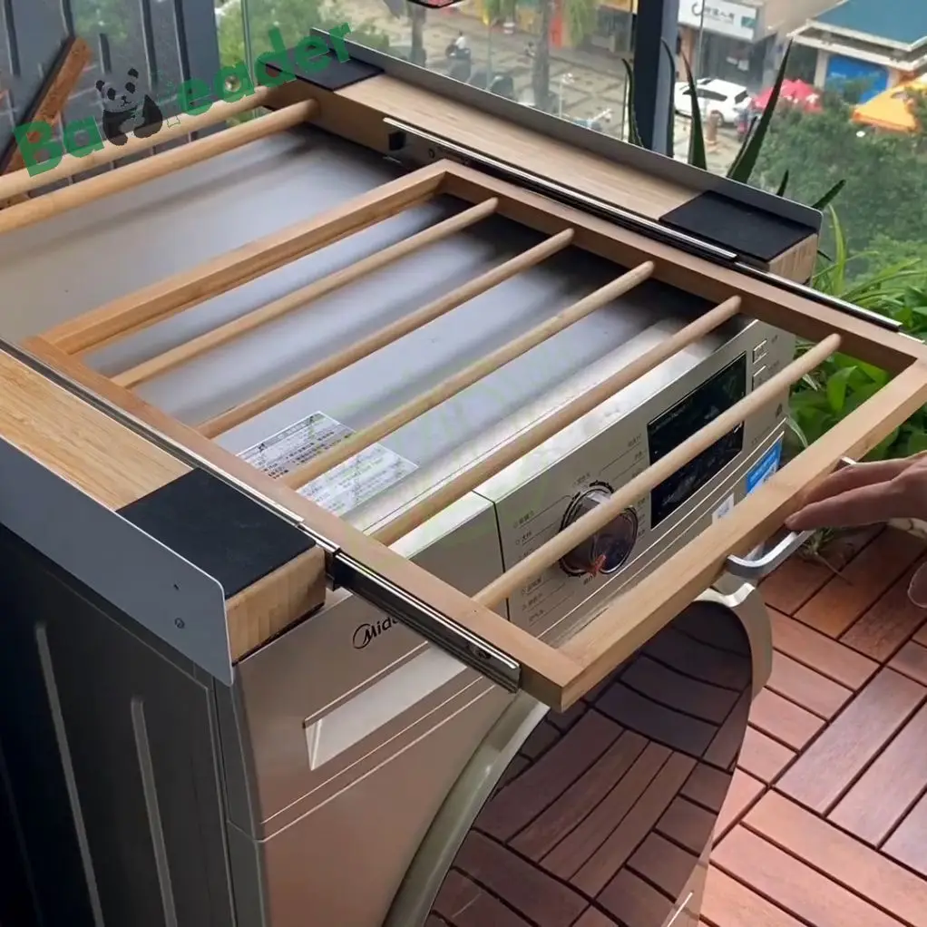 Bamboo Stacking Kit for Washing Machines and Dryers With Sliding Shelf Bamboo Washer Dryer Stacking Set Rack with Ratchet Strap