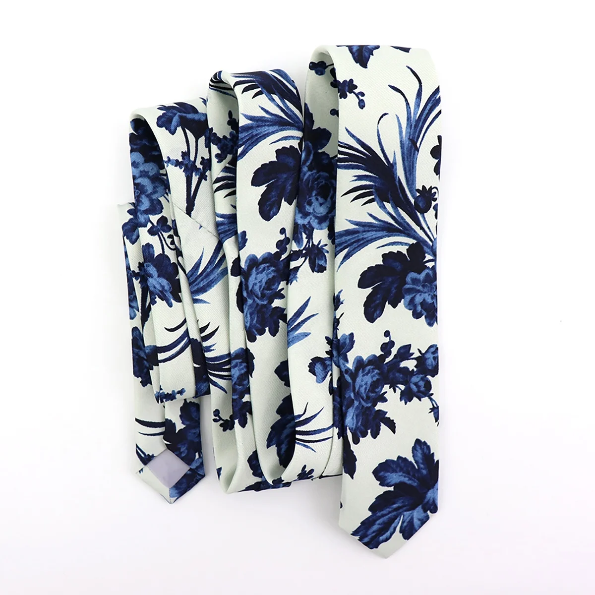 China Wholesale High Fashion Slim Skinny Microfiber Polyester Beige Blue Leaf Floral Men Tie Custom Print Necktie Travel