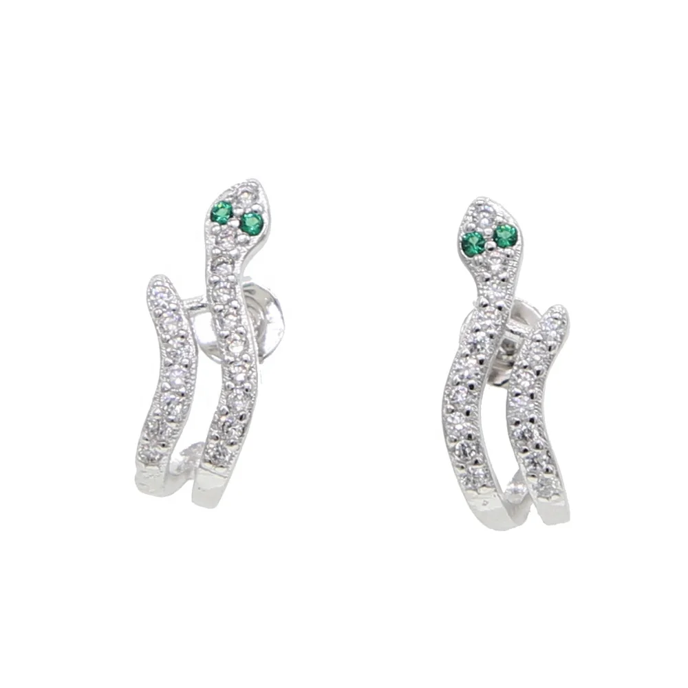 hot fashion dainty cute minimal Snake earring with green cz paved eye earring with gold Silver plated paved wedding earring