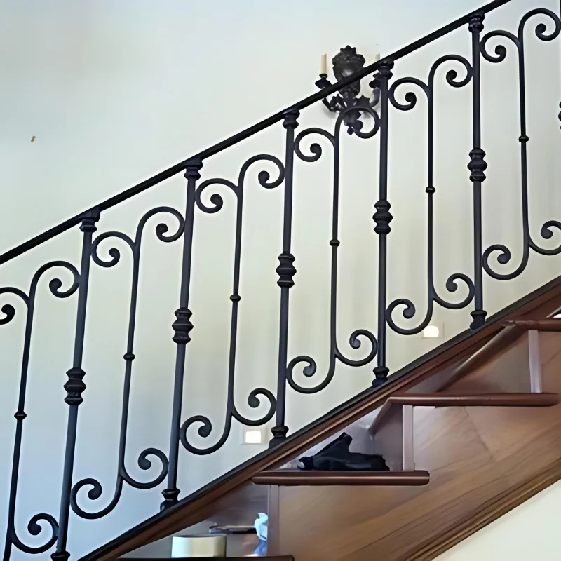 Wrought iron design railing wooden handrail solid wood step staircase classical spiral stairway indoor luxury timber stairs