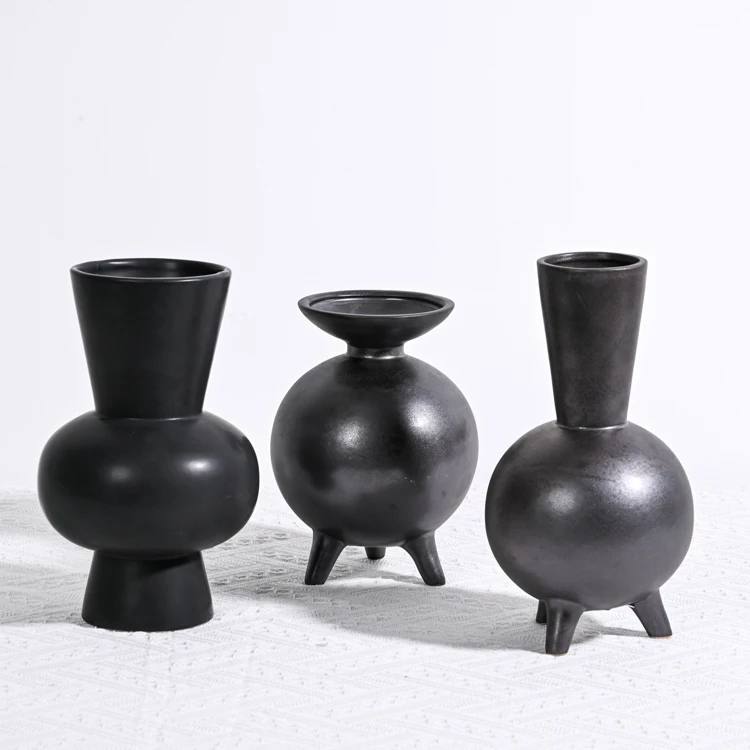 EAGLEGIFTS Natural Glossy Small Black Pottery Vase Jar Home Decor Wholesale Handmade Flowers Vases with Foot