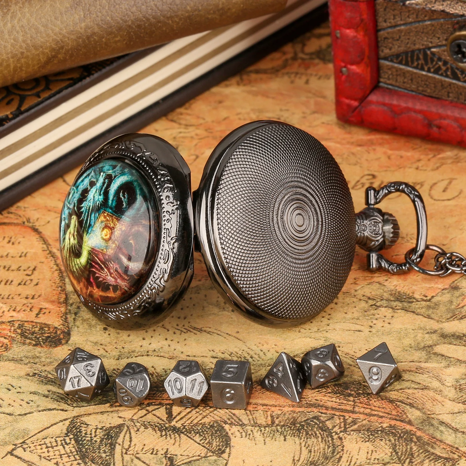 Vicious Dragon DND Pocket Watch Shell Dice Mini Metal Dice Set for Dungeons and Dragons