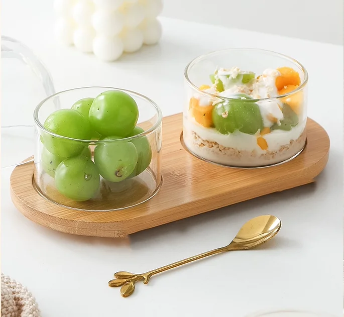 2 pieces Japanese Style Bamboo Wooden Tray Dessert Bowl Set Afternoon Tea Tableware Baking Glass Container