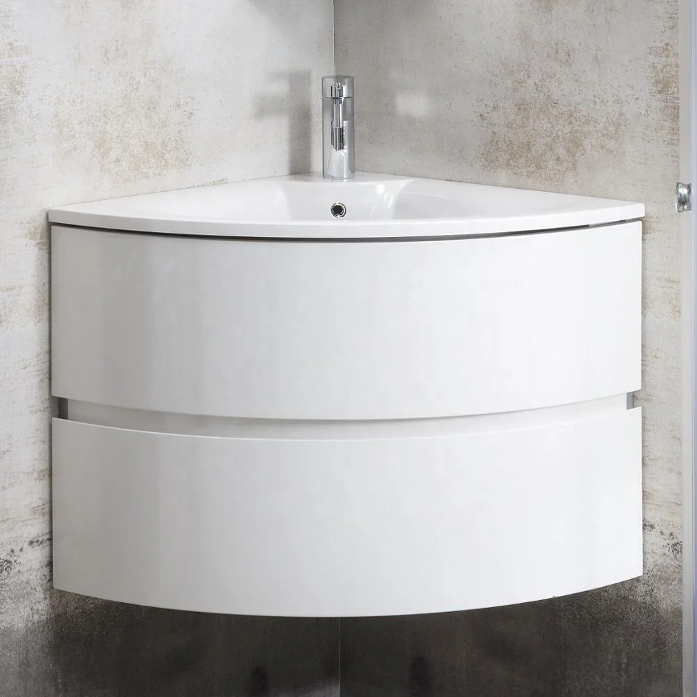 White Wall Mounted Curved Front Corner Bathroom Vanity With Drawers