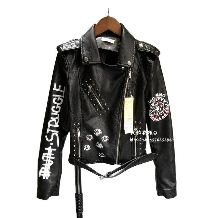 Punk Party Street Letter Printing Leather Jacket Black Rivet Beading Long Sleeve Motorcycle Rock Coat