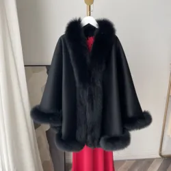 Genuine Fur Poncho Real Fox Fur Collar Detachable Hooded Capes Women Winter Wool Fur Shawls