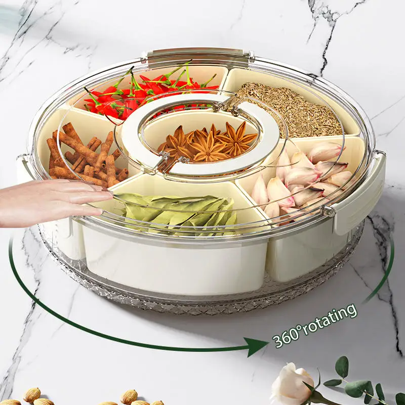 Fridge Storage Boxes Food Snack Container Round 360 Rotating Fruit Plate Spice Box With Compartment