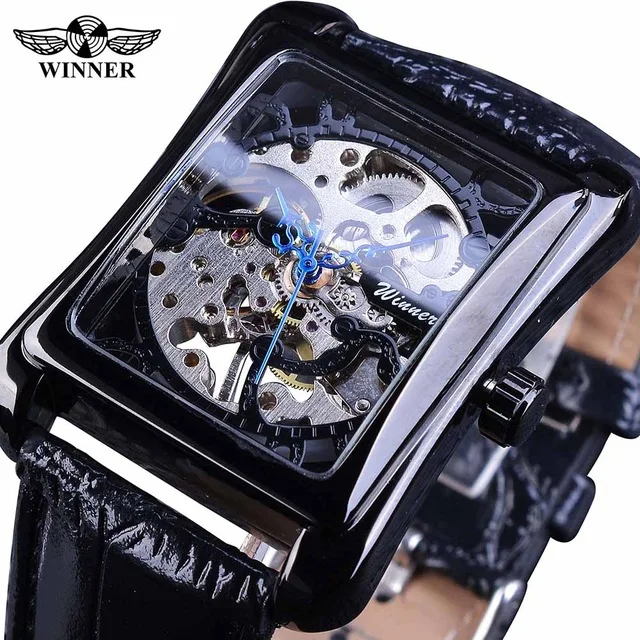OEM/ODM Winner Watch Retro Casual Series Rectangle Dial Design Golden Pattern Hollow Skeleton Men Top Brand Luxury Mechanical