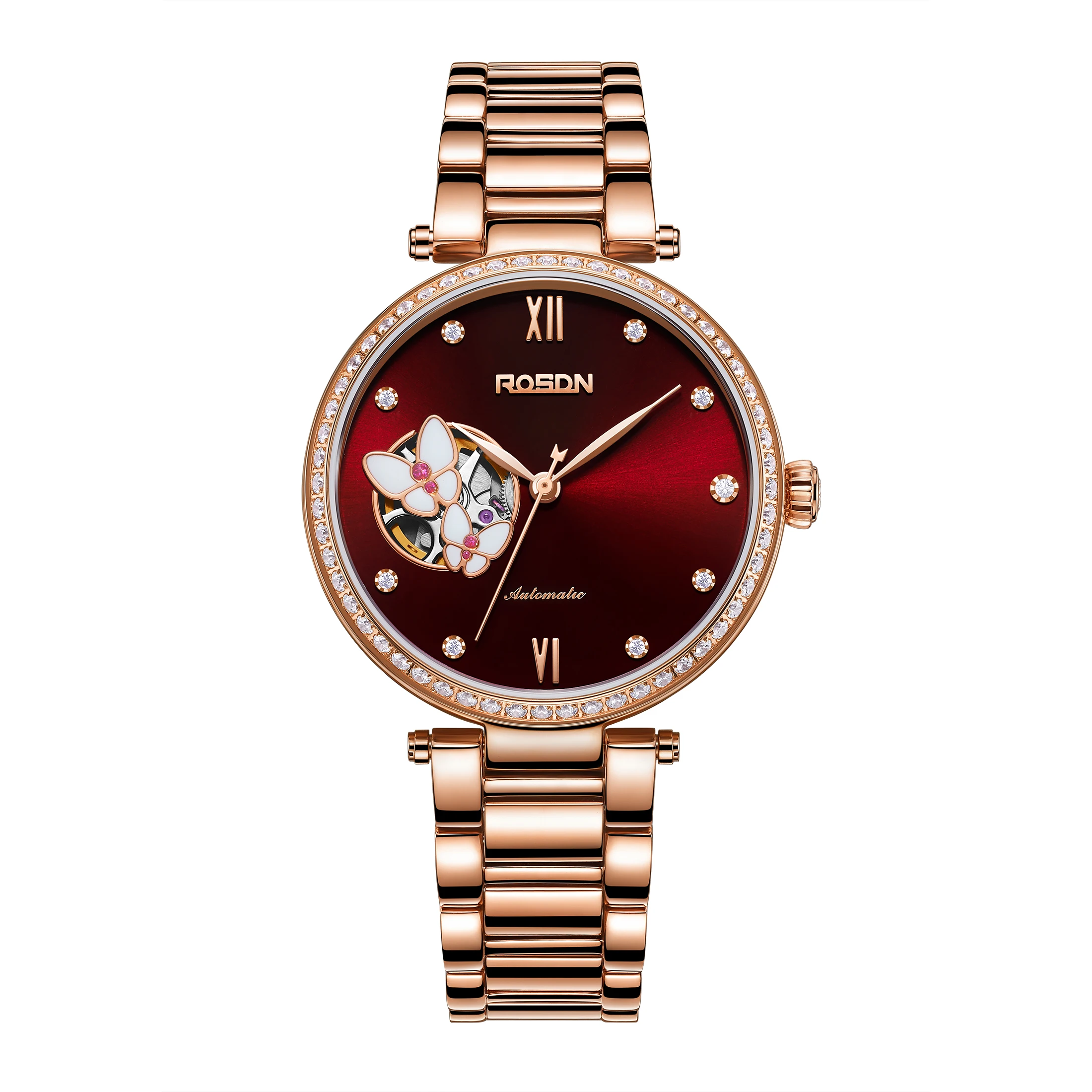ROSDN China Factory Custom logo Wholesale Luxury OEM Gold Lady Sport Skeleton Watches Automatic Mechanical Watch for Women
