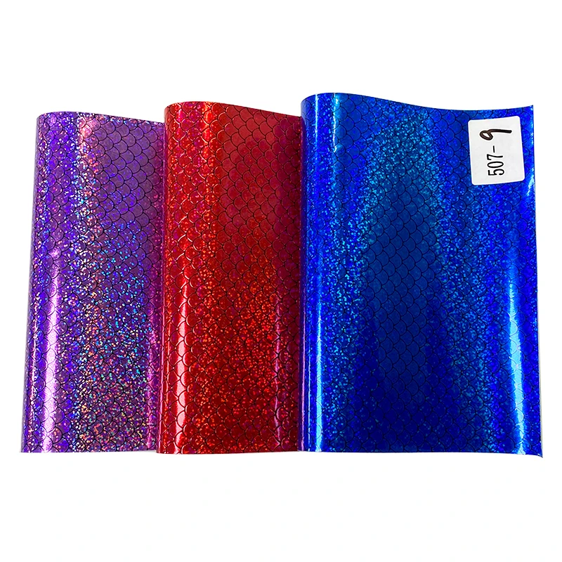 Glossy Mermaid Pattern Embossed Metallic Holographic PU Synthetic Glitter Leather Cotton Backing for Handbag Wallet Earrings