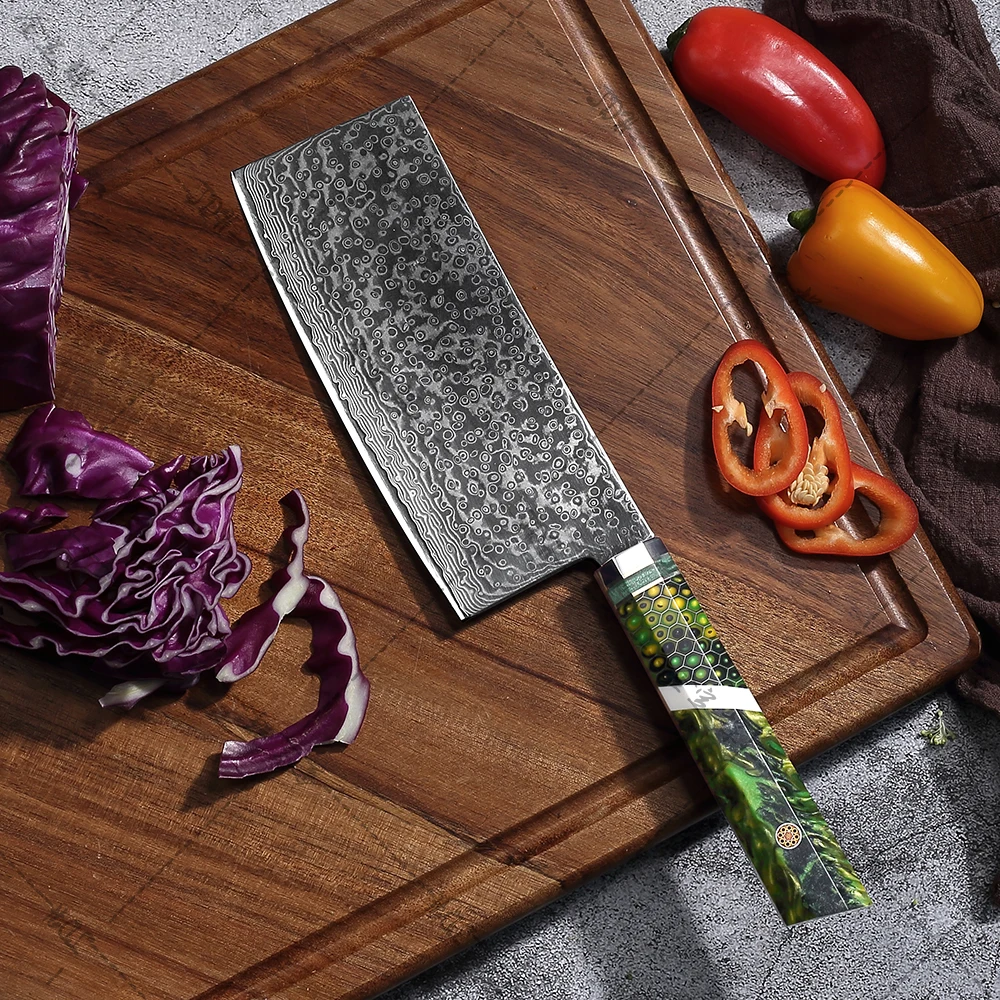 7 inch Cleaver Knife Damascus Kitchen Knife 67 Layers Damascus Steel with Honeycomb Resin Handle Rose Pattern