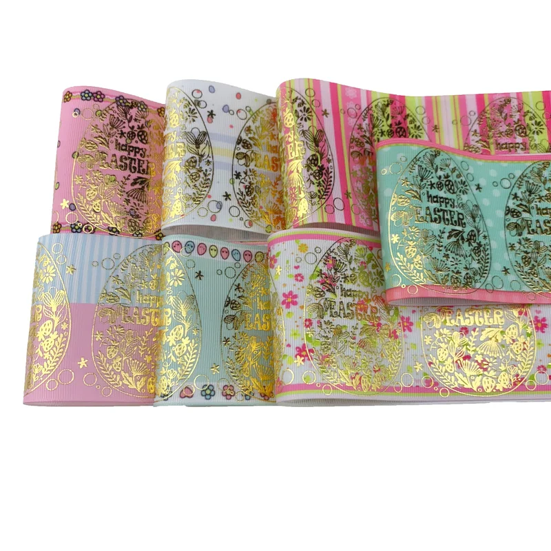 Easter ribbon 3 inch (75mm) gold foil egg printed grosgrain ribbon
