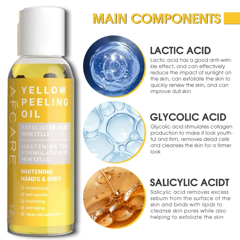 Extra Whitening Yellow Peeling Oil Skin Revitalizer Firming and Organic Lactic Acid Peeling Oil for Dark Knuckles in Ghana