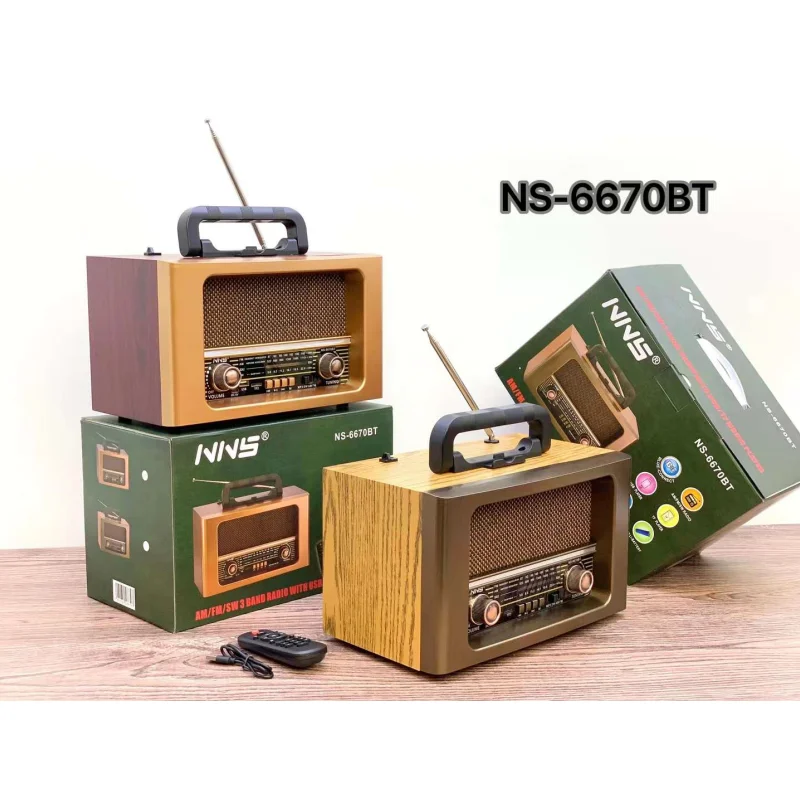 NS-6670BT Wireless Speaker with Remote Control FM AM SW 3 Bands Wooden Radio Speaker Bass Sound Portable Desktop Woofer Speaker