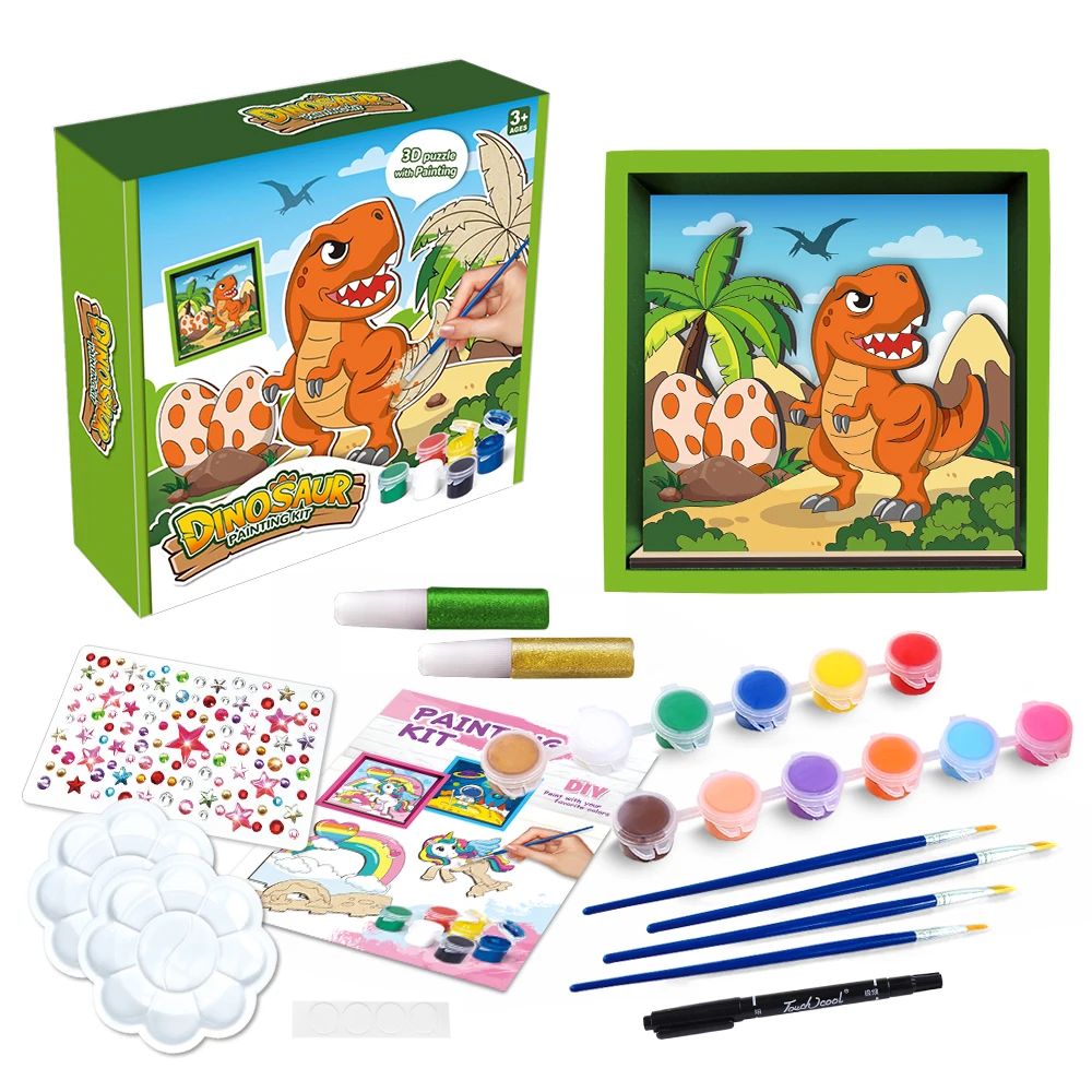 Hot Selling Product 2024 Diy Painting Toys Age 6+ Unisex Art And Craft Kit For Kid dinosaur 3d Wood Frame For Home&School