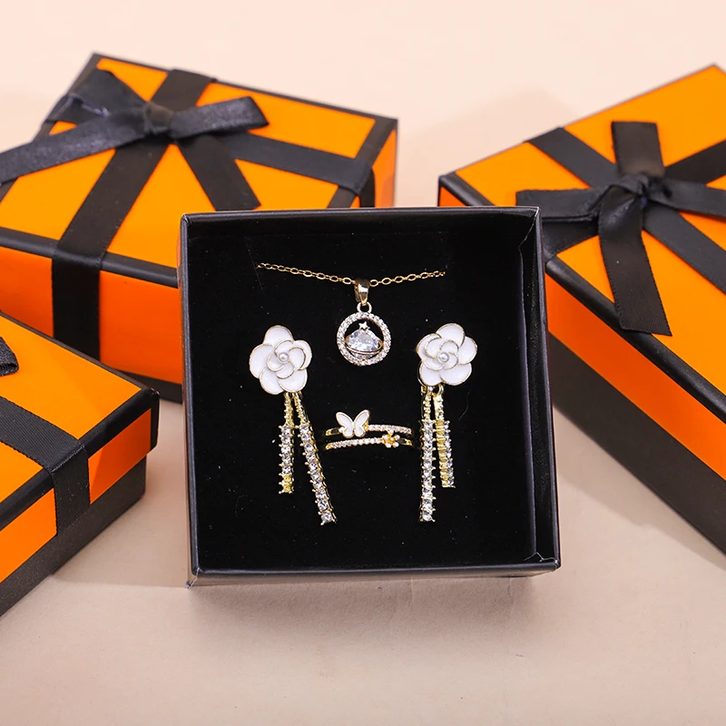 Han Hong custom luxury orange black cardboard box Custom logo jewelry box Necklace earrings ring set jewelry box