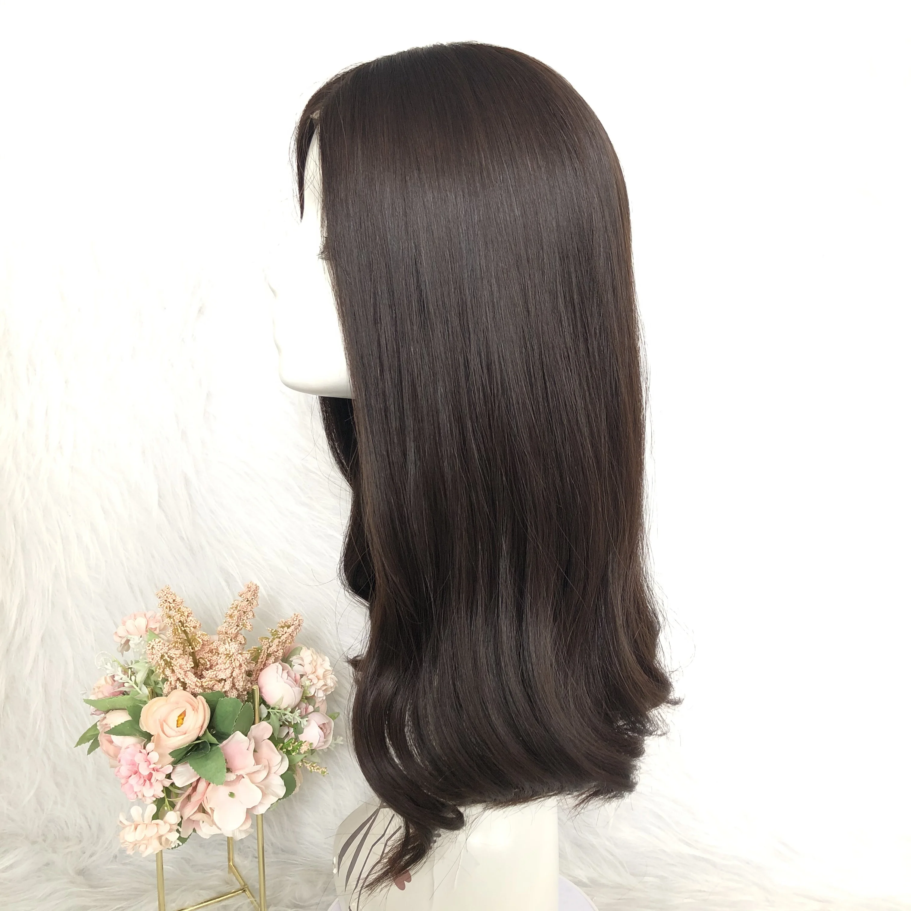 
Wholesale Top Grade 20 Inches Natural 4# Color European Hair Kosher Wigs With Deep Swiss Lace Ear To Ear 