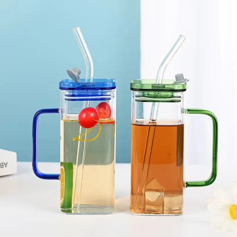 High Borosilicate Heat Resistant Juice Coffee Drink glass square cup with plastic lid and straw