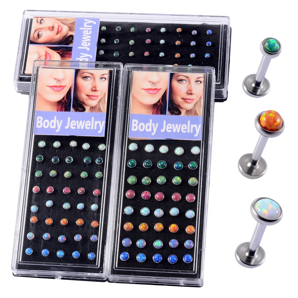 40Pcs/Box Surgical Steel Opal Stone Gem Top Ball Monroe Lip Labret Stud Ring Internally Thread Ear Piercing Body Jewelry