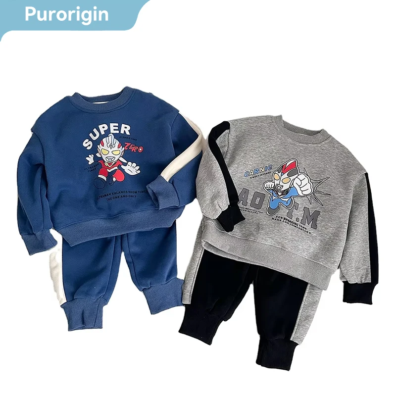 Purorigin Cartoon Design Ultraman Long Sleeve Pullover O Neck Causal  Fleece Kids Hoodies Set 2 PCS Sweatshirts and Sweatpants
