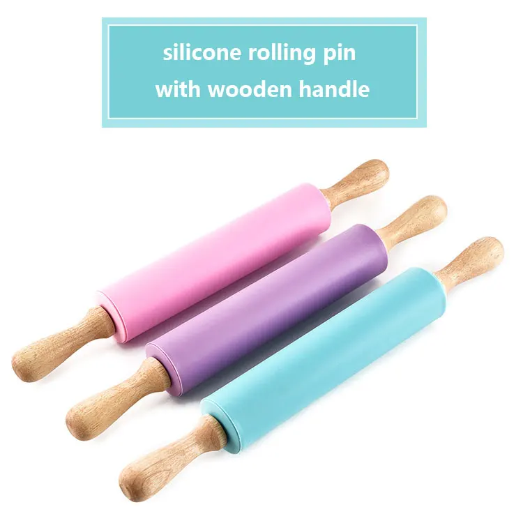Factory wholesale 42 cm silicone rolling pin with wooden handle kitchen wooden rolling pin baking tool