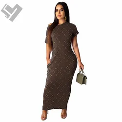 2023 Summer Trendy Women Clothing Designer Print Short Sleeve Casual Dress Luxury Slim Fits Bodycon Maxi Dress
