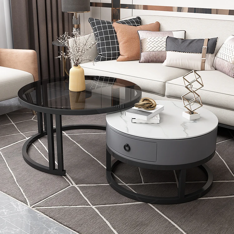 Wholesale Modern Luxury Round Glass Stone Metal Center Coffee Tables Coffee Table Sets With Drawer