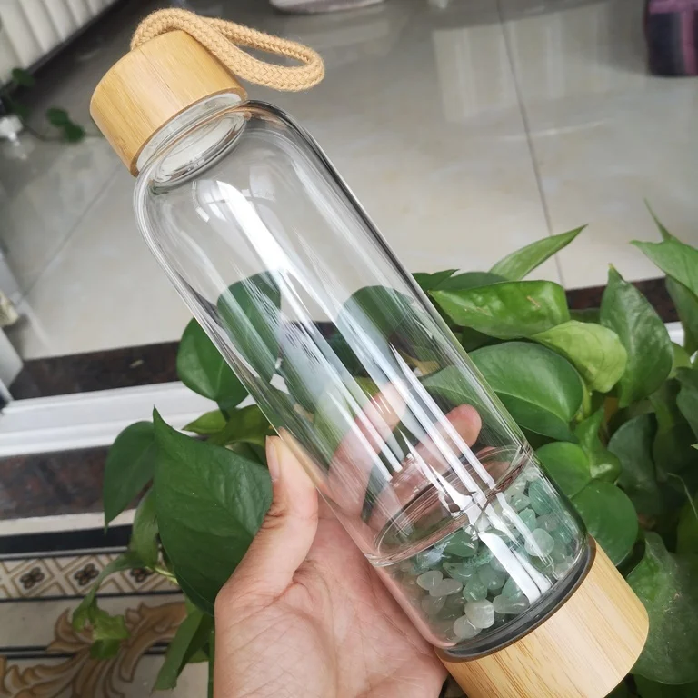 Wholesale Natural Crystal Energy Water Bottle Infused Gemstone Glass Bamboo Crystal Bottle