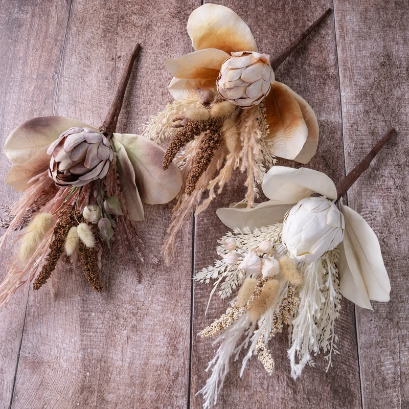 MW89108 Simulation Flower Vintage Protea Cynaroides Rabbit Tail Grass Wheat Ears Bouquet For Home Kitchen Garden Party Decor