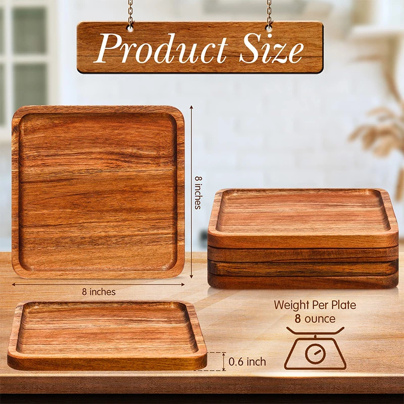 Restaurant Stackable Natural 8inches Square Acacia Wood Food Serving Snack Canape Wooden Plates For Steak Dessert Cake Fruit