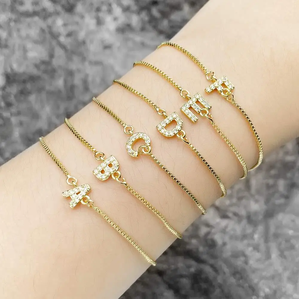Fashion Adjustable Gold Plated Zircon 26 Letter Bracelets Copper Jewelry Box Chain Alphabet Charm Bracelet
