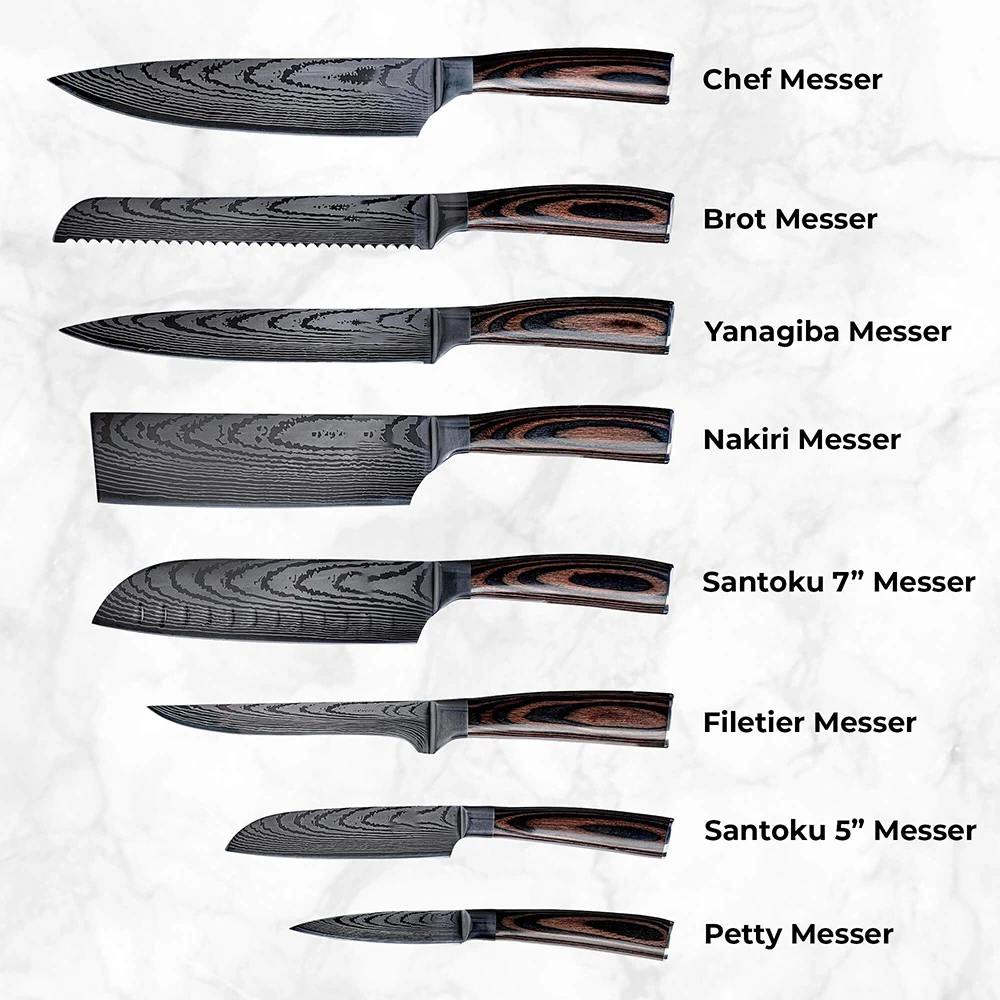 Custom Logo 8 piece Premium Japanese Chef Knife with Pakka Wood Handle Laser Damascus Pattern Kitchen Knife Set