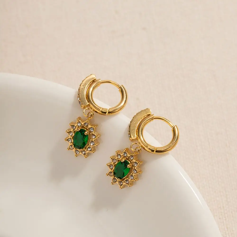 Sunflower Hoop Green Cubic Zirconia Earrings For Girls Retro 18K Gold Plated Stainless Steel Jewelry Gift