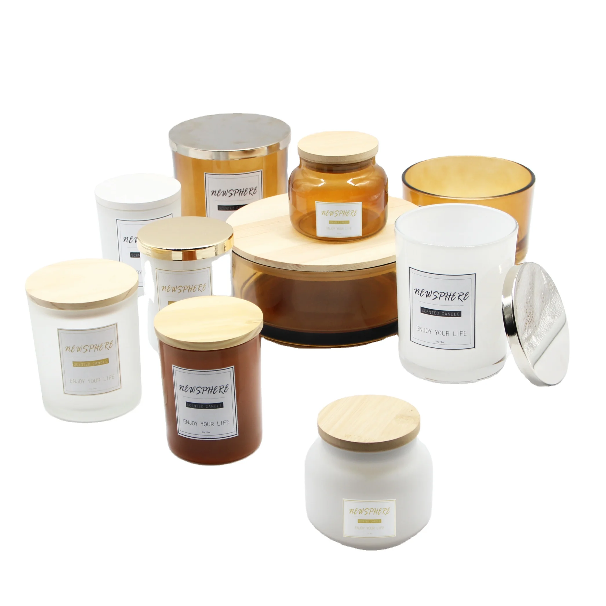 2024 Luxury New Design Frosted Shiny Matte 3 Wick 12 oz 14oz Scented White Glass Candle Jar Holder with Wooden Lid