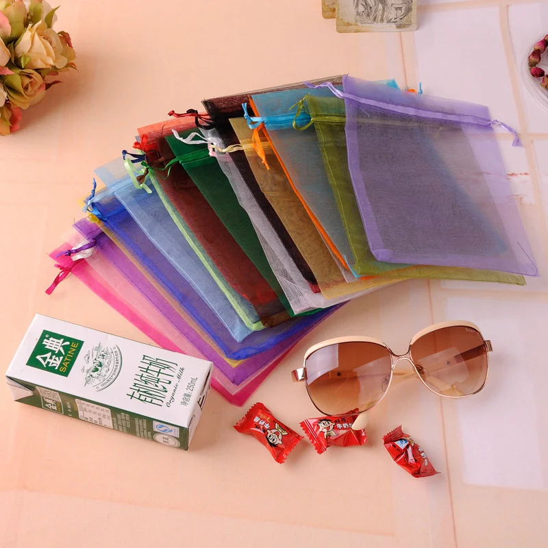 24 colors Custom size Logo Drawstring Gift Pouch Jewelry Mesh Packaging Organza Bag