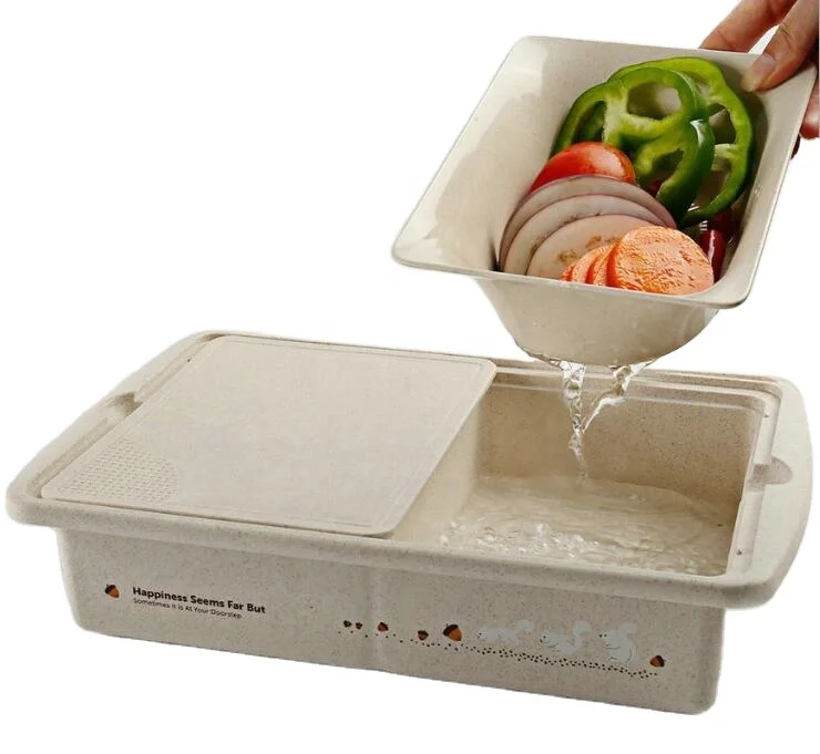 Over the Sink Kitchen Fruit and Vegetable Chop and Drain Wheat Straw Plastic Colanders with Sliding Cutting Board
