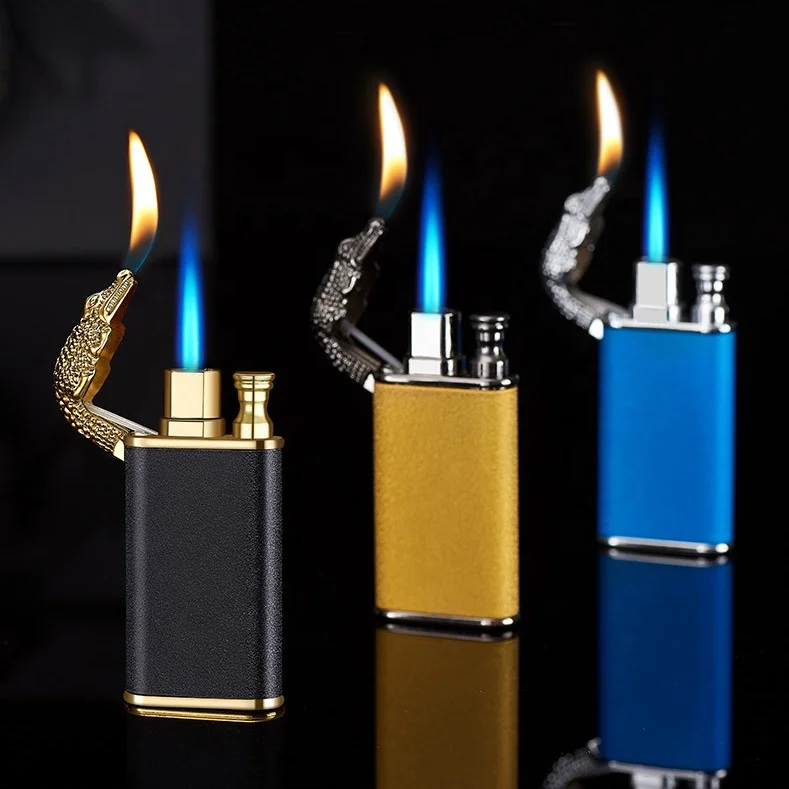 Double Flame Lighter Custom Logo Lighter Straight Flame Crocodile Dolphin Butane Gas Refillable Flame Lighter For Cigarette