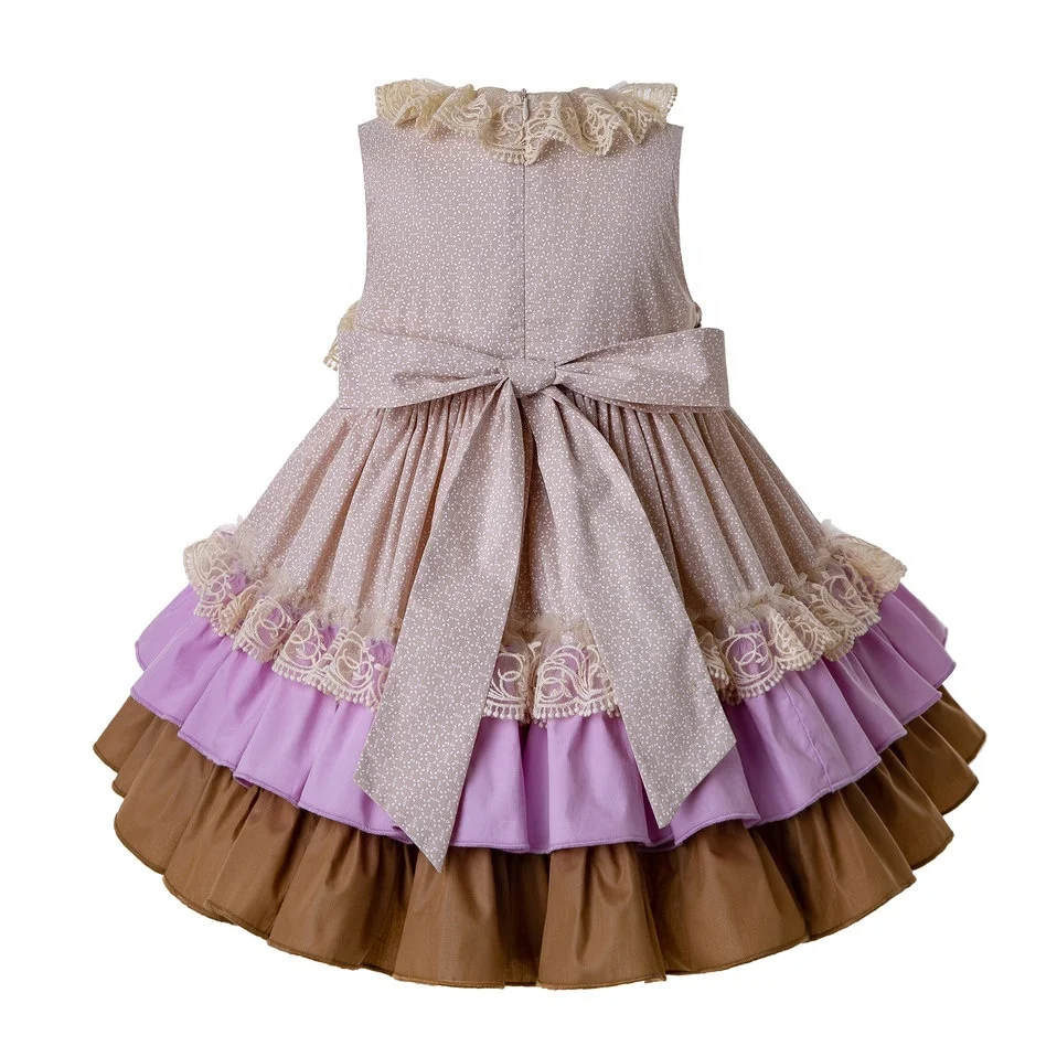 OEM Pettigirl Beige Girl Dress With Pink Flower Lovely Girls Dress For Wedding Summer Child Clothing